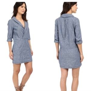 Free People Done Up in Denim Linen Chambray Long Sleeve V Neck Mini Dress Small